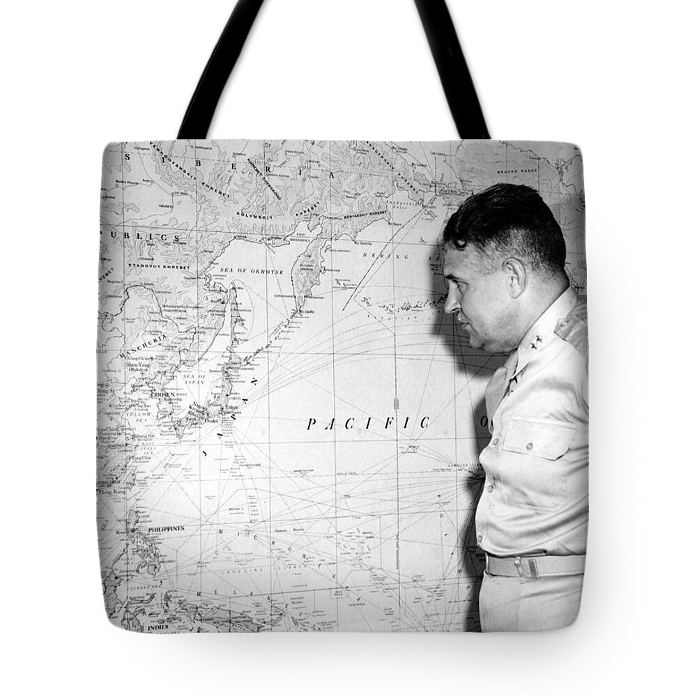 Science Tote Bag featuring the photograph General Groves Studies Map Of Japan by Science Source