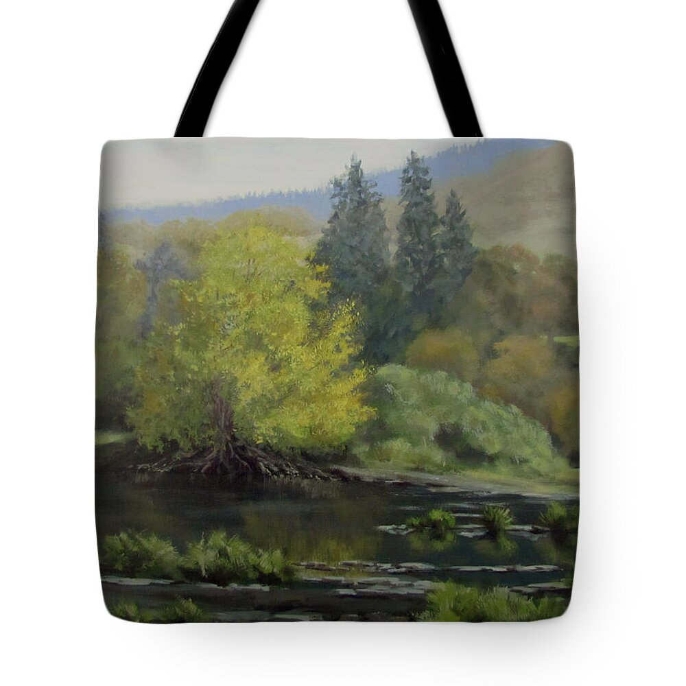 Landscape Tote Bag featuring the painting Gentle Morning by Karen Ilari