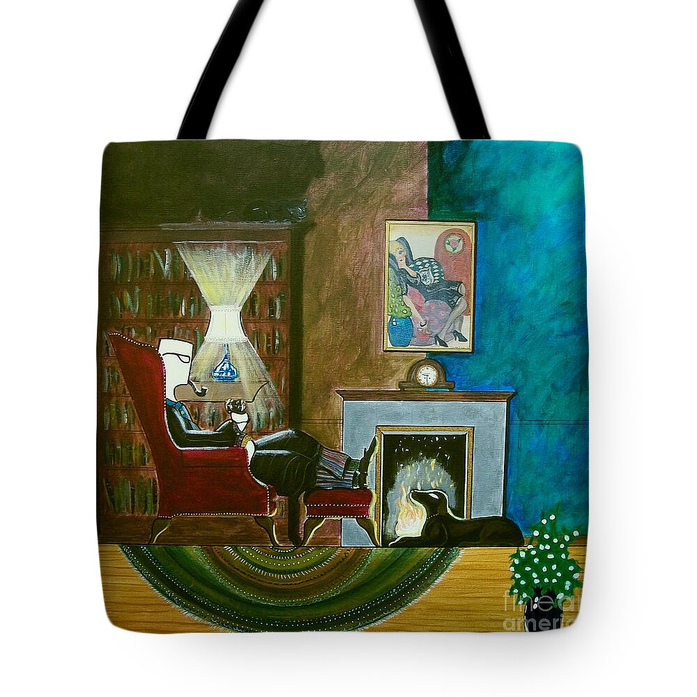 Johnlyes Tote Bag featuring the painting Gentleman Sitting in Wingback Chair Enjoying a Brandy by John Lyes