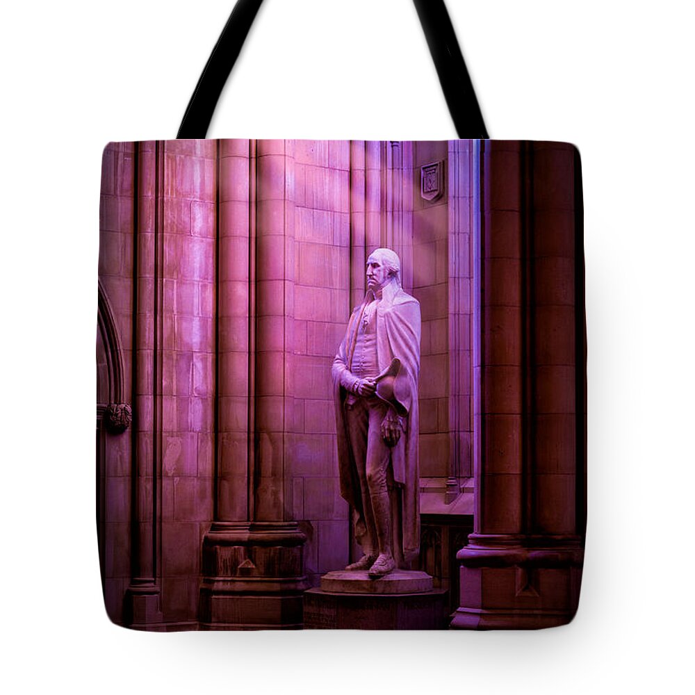 Lee Lawrie Tote Bag featuring the photograph George Washington at the National Cathedral by Jerry Fornarotto