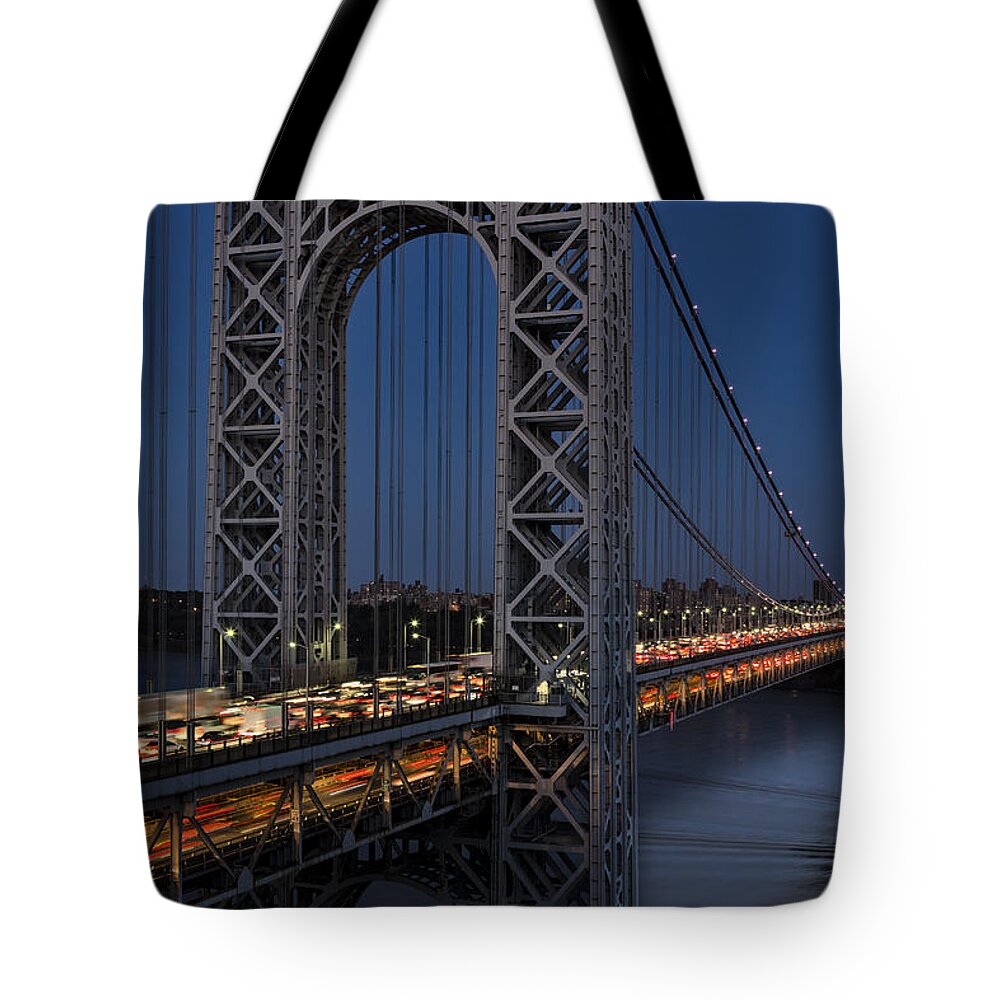 George Washington Bridge Tote Bag featuring the photograph George Washington Bridge Moon Rise by Susan Candelario