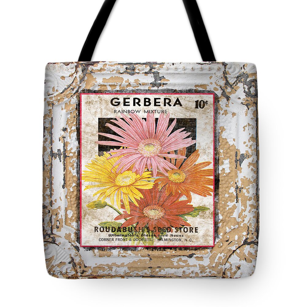 Tin Tile Tote Bag featuring the digital art Gerbera on Vintage Tin by Jean Plout