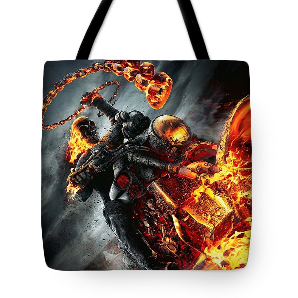 Ghost Rider Tote Bag featuring the digital art Ghost Rider and Bike by Movie Poster Prints