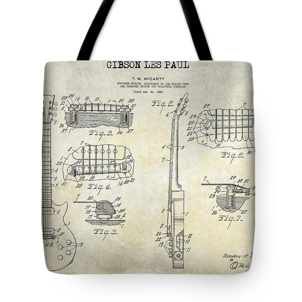 Gibson Tote Bag featuring the photograph Gibson Les Paul Patent Drawing by Jon Neidert