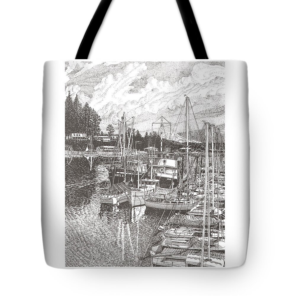 Yacht Portraits Tote Bag featuring the drawing Gig Harbor Entrance by Jack Pumphrey