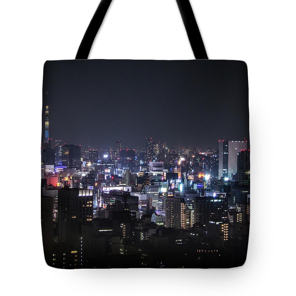 Tokyo Tower Tote Bag featuring the photograph Ginza Skyline With Tokyo Sky Tree by Image Courtesy Trevor Dobson