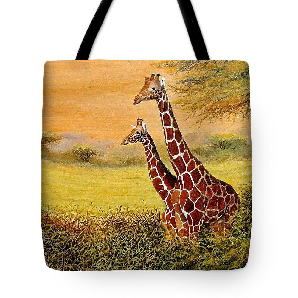 African Paintings Tote Bag featuring the painting Giraffes Watching by Wycliffe Ndwiga