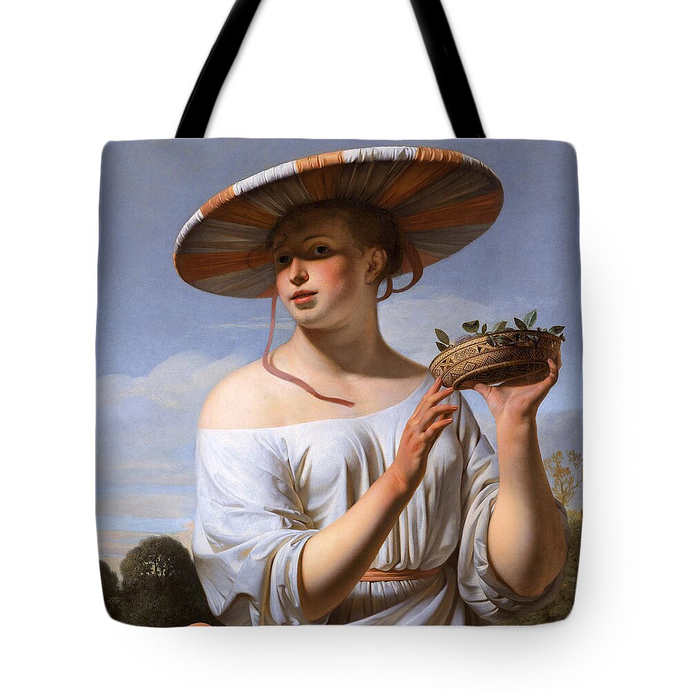 Caesar Van Everdingen Tote Bag featuring the painting Girl in a Large Hat by Caesar van Everdingen