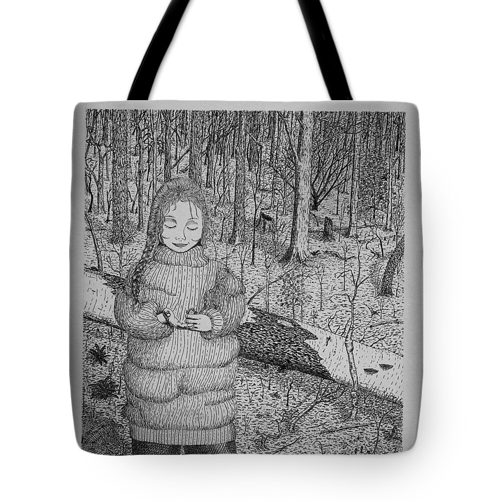Girl Tote Bag featuring the drawing Girl In The Forest by Daniel Reed