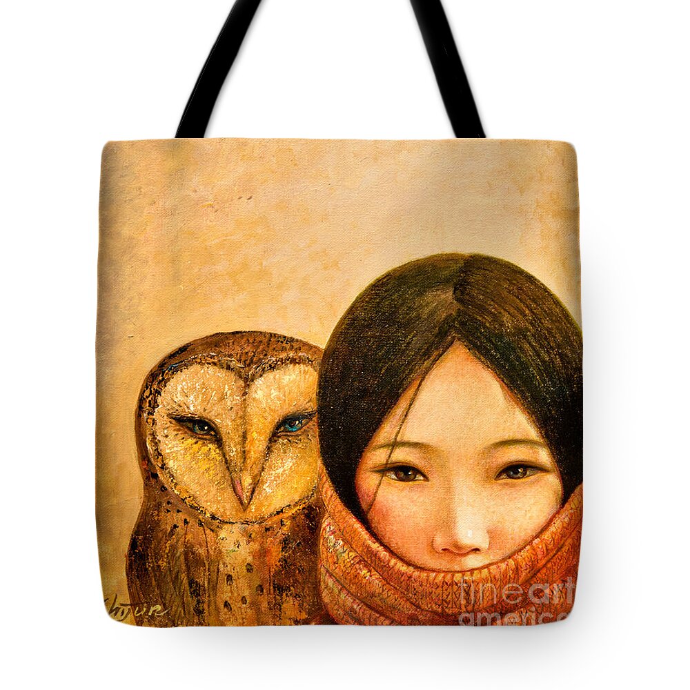 Shijun Tote Bag featuring the painting Girl with Owl by Shijun Munns