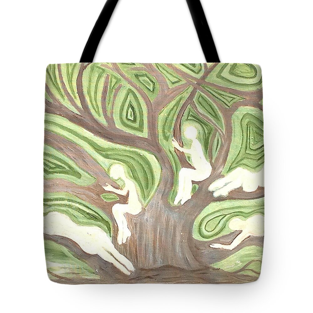 Tree Tote Bag featuring the painting Girls in a Tree by Suzanne Surber