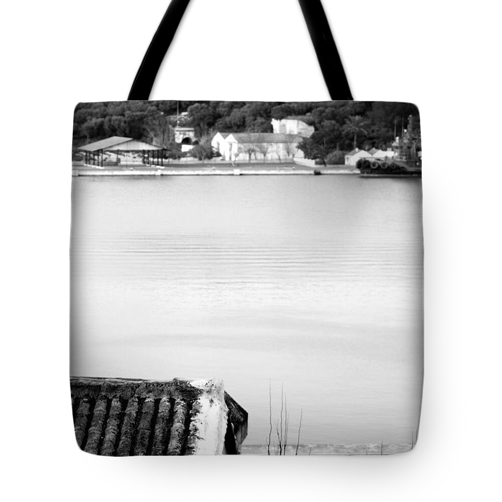 Abstract Tote Bag featuring the photograph Old liberty statue in a vintage black and white building - Give ligh to world by Pedro Cardona Llambias