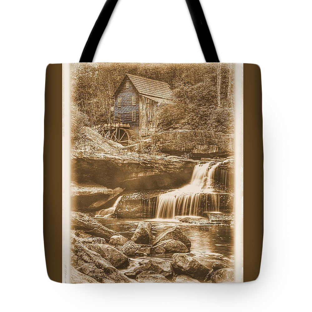 Glade Creek Tote Bag featuring the photograph Glade Creek Grist Mill - Autumn Late Afternoon Babcock State Park WV - Sepia by Michael Mazaika