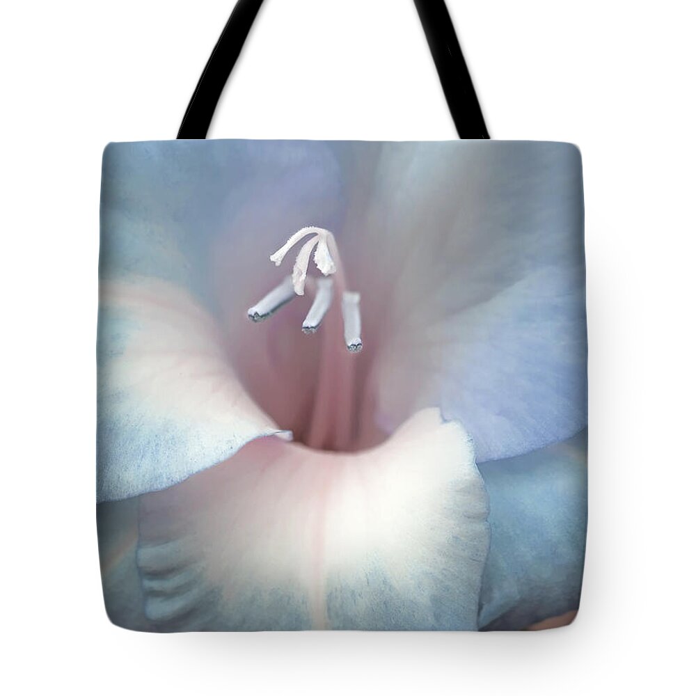 Gladiola Tote Bag featuring the photograph Gladiola Flower Soft Blues by Jennie Marie Schell