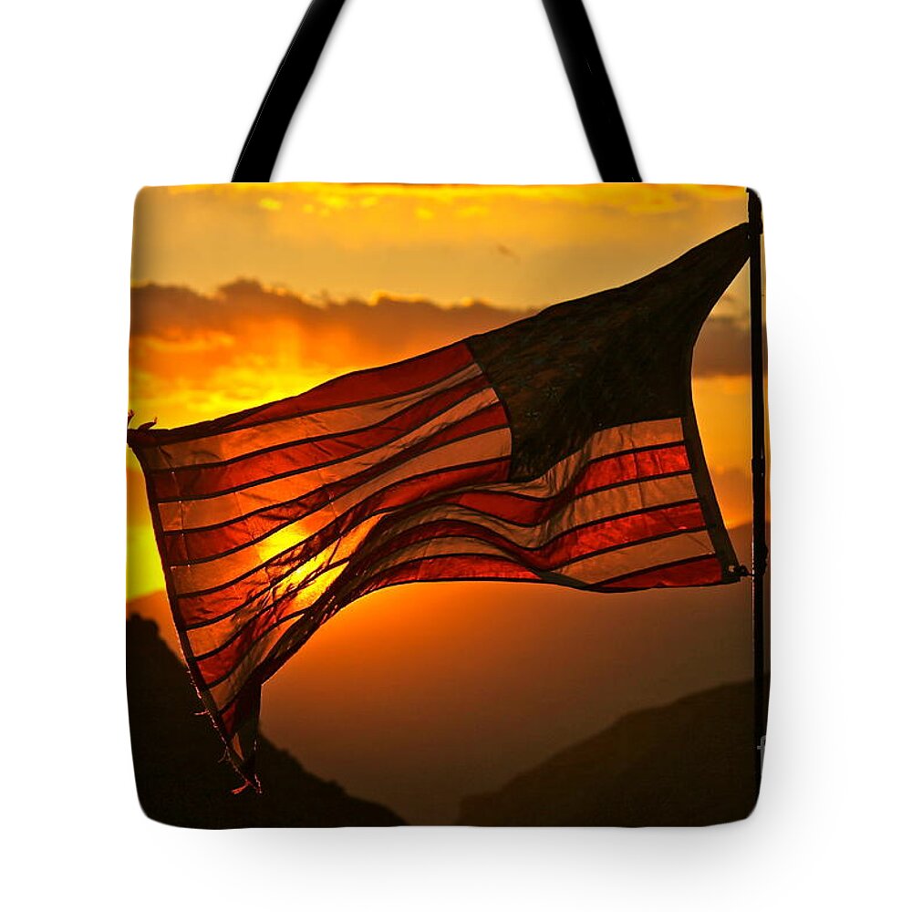 American Flag Tote Bag featuring the photograph Glory at Sunset by Michael Cinnamond