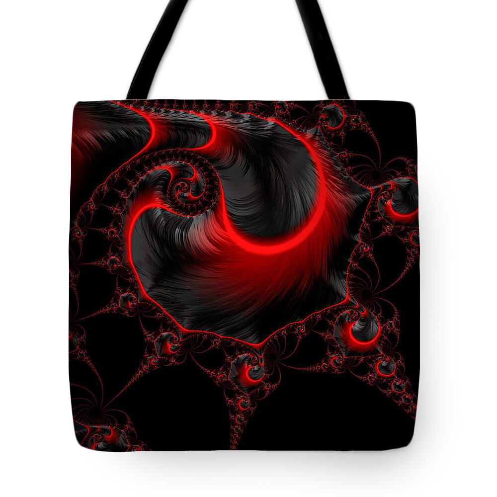 Red Tote Bag featuring the digital art Glowing red and black abstract fractal art by Matthias Hauser