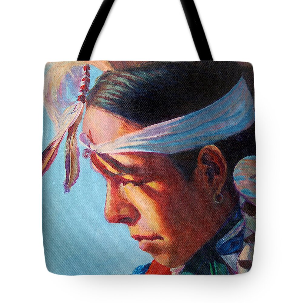 Native American Tote Bag featuring the painting Glowing youth by Christine Lytwynczuk