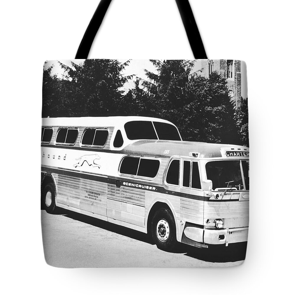 1950's Tote Bag featuring the photograph GM's Latest Bus Line by Underwood Archives