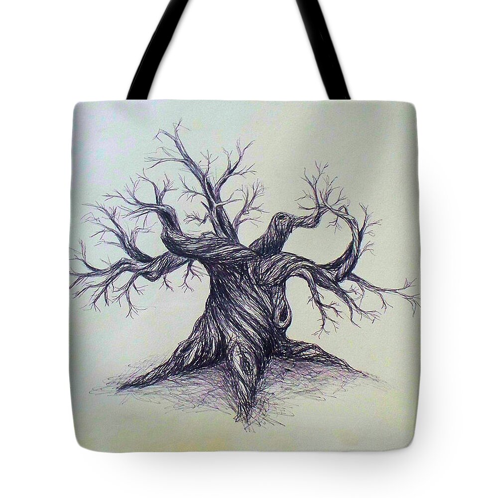 Gnarled Tree Pen Ink Paper Austin Texas Tote Bag featuring the drawing Gnarled Tree by Troy Caperton