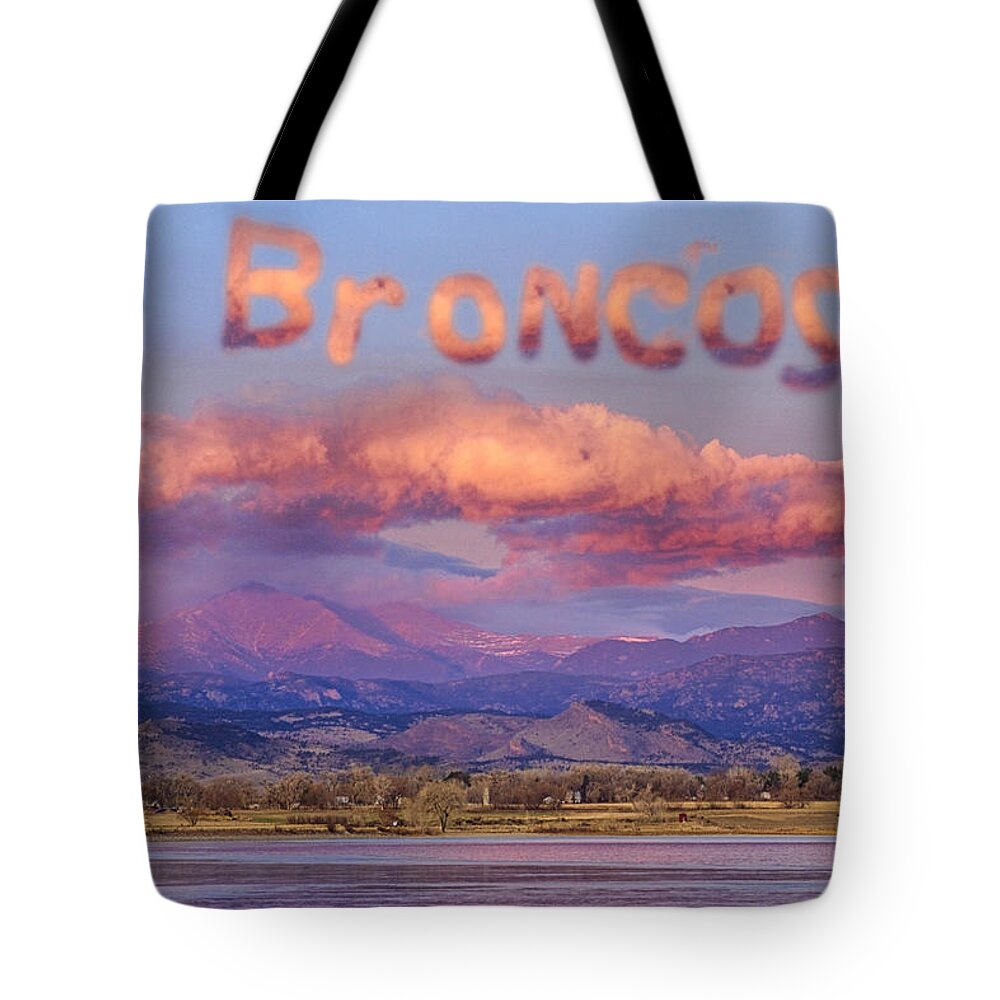 Go Broncos Tote Bag featuring the photograph Go Broncos Colorado Front Range Longs Moon Sunrise by James BO Insogna
