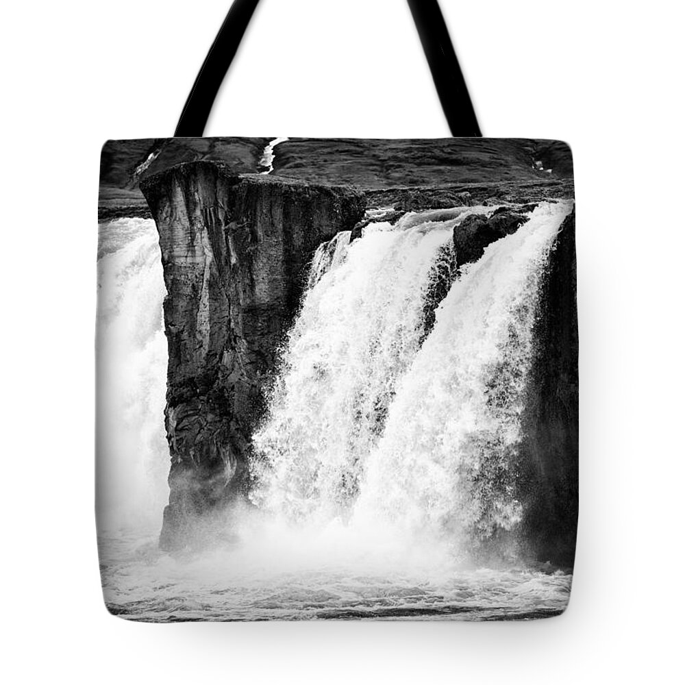 Godafoss Tote Bag featuring the photograph Godafoss waterfall Iceland black and white by Matthias Hauser