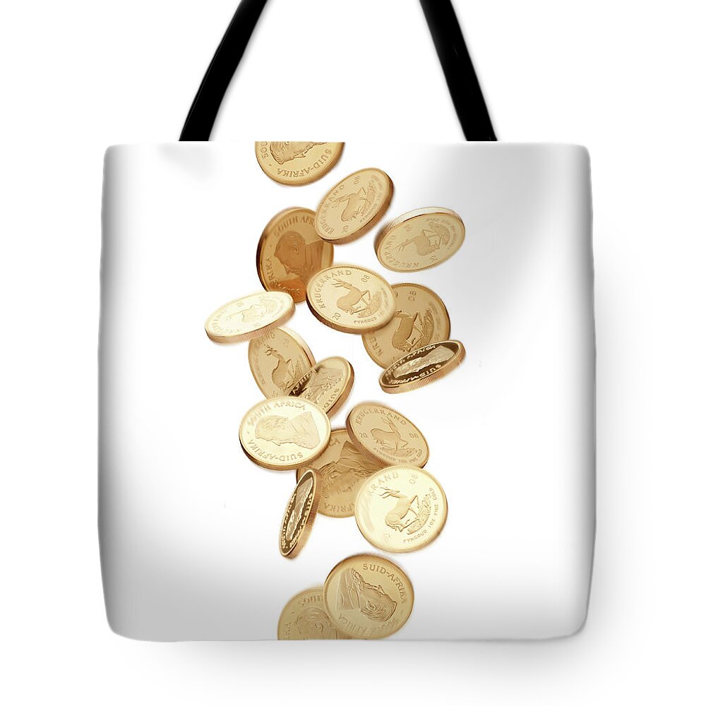 Coin Tote Bag featuring the photograph Gold Coins Falling From Above by Anthony Bradshaw
