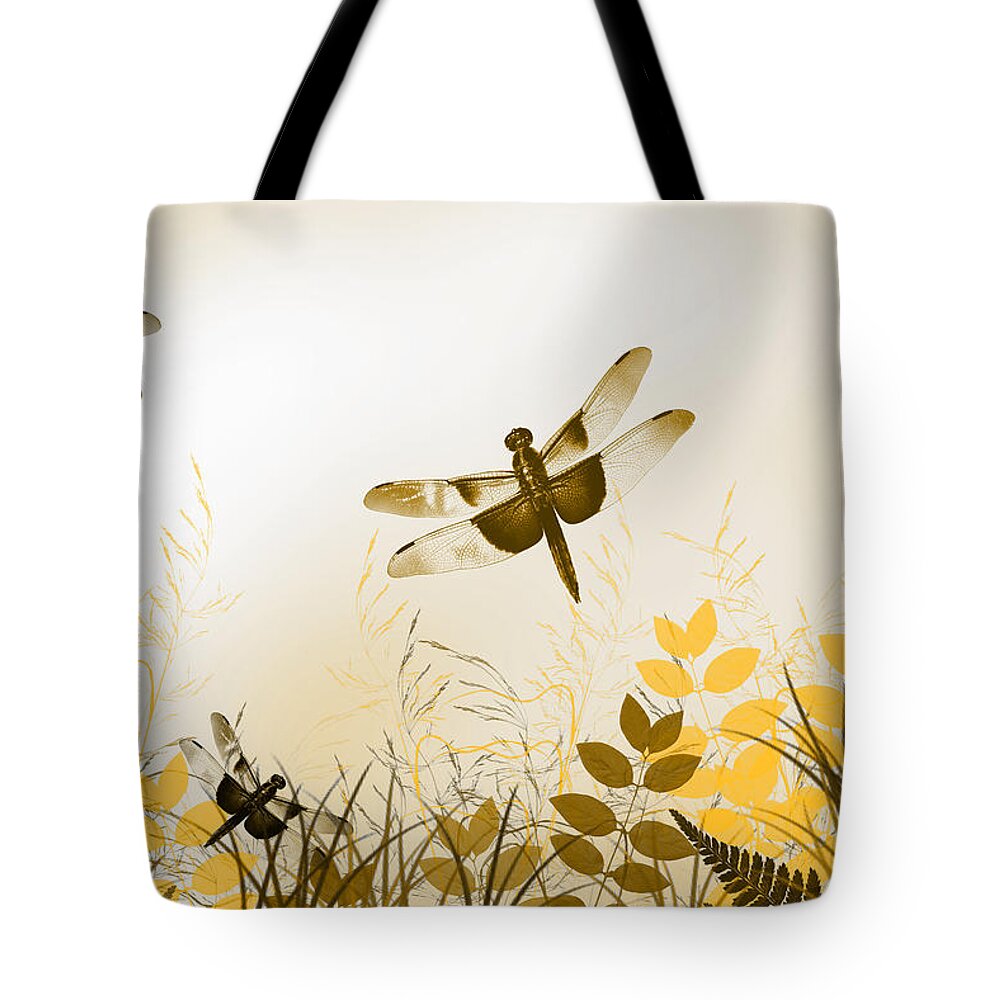 Dragonflies Tote Bag featuring the mixed media Gold Dragonfly Art by Christina Rollo