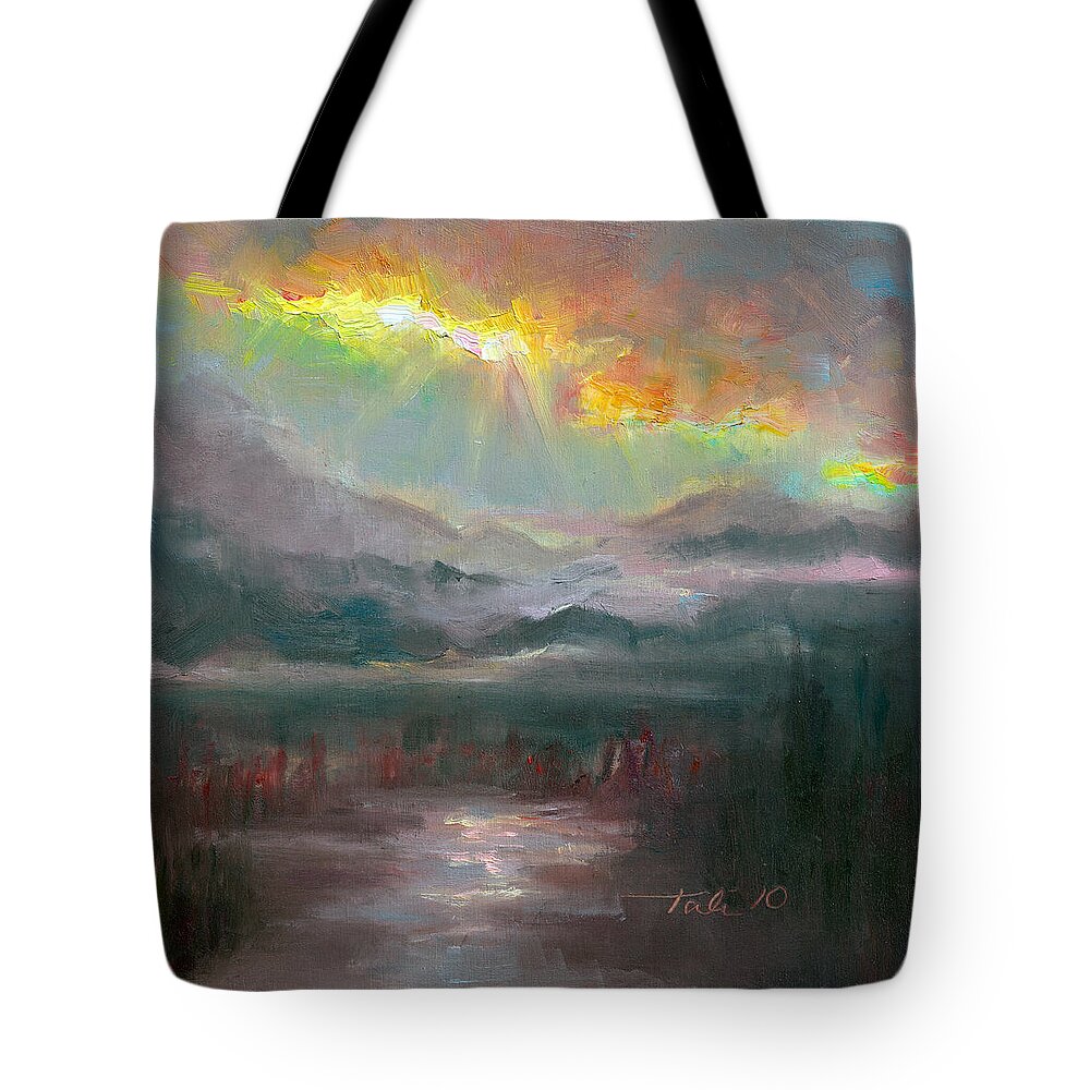 Scenic Tote Bag featuring the painting Gold Lining - Chugach Mountain range en plein air by Talya Johnson