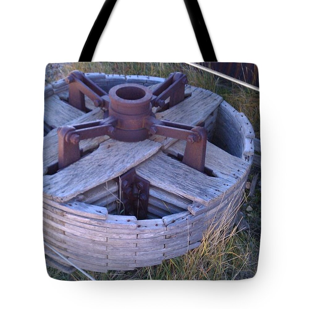 Gold Mines Tote Bag featuring the photograph Gold Mine Pulley by Fortunate Findings Shirley Dickerson