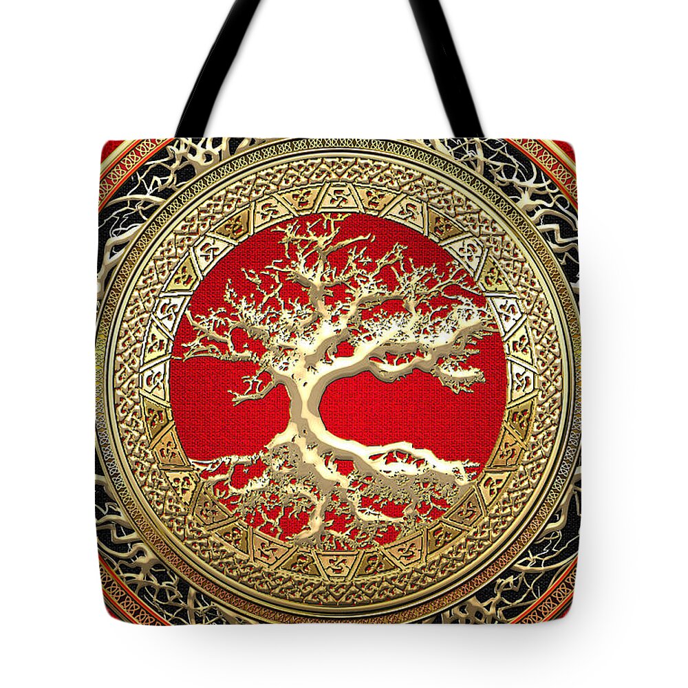 ‘celtic Treasures’ Collection By Serge Averbukh Tote Bag featuring the digital art Golden Celtic Tree of Life by Serge Averbukh