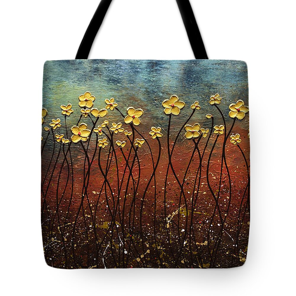 Abstract Art Tote Bag featuring the painting Golden Flowers by Carmen Guedez