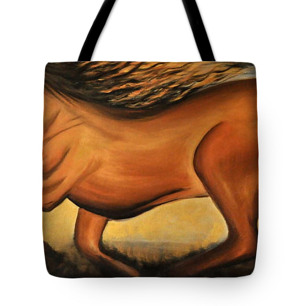 Horse Tote Bag featuring the painting Golden Horse by Preethi Mathialagan
