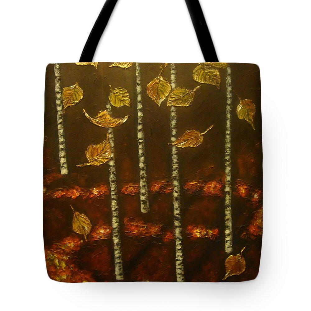 Aspen Trees Birch Trees Tote Bag featuring the painting Golden leaves 2 by Elena Constantinescu