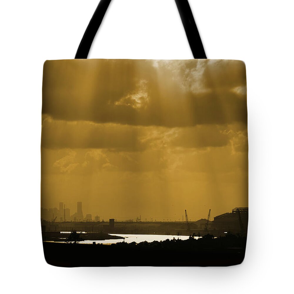 Ship Channel Tote Bag featuring the digital art Golden Light by Linda Unger