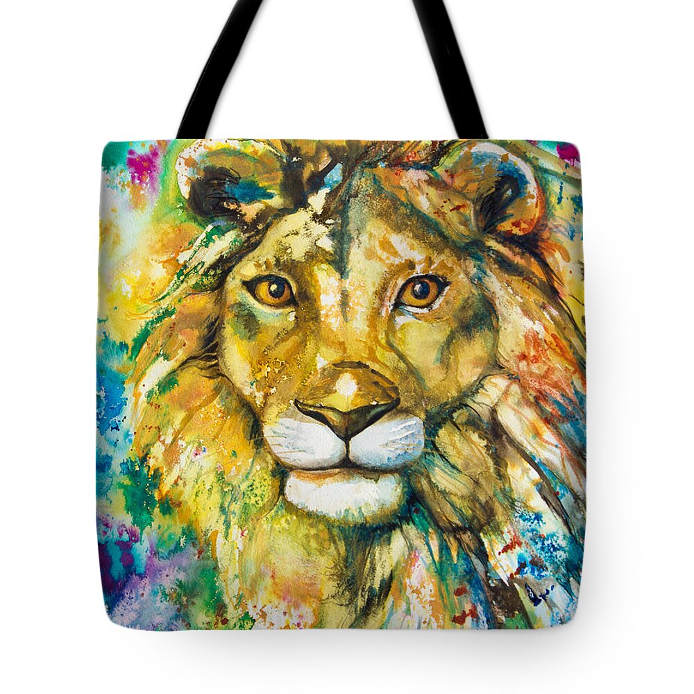 Lion Tote Bag featuring the painting Golden Lion by Patricia Allingham Carlson