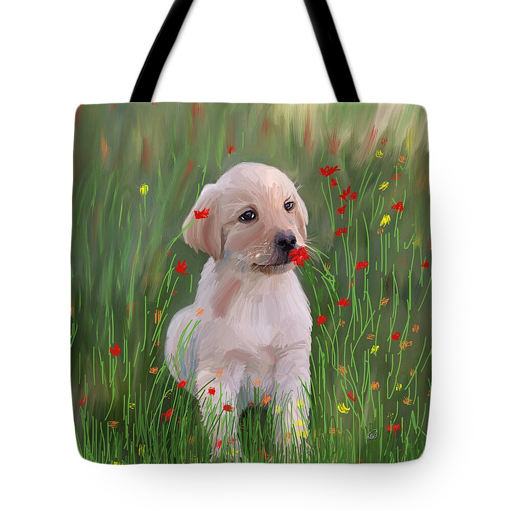 Puppy Tote Bag featuring the painting Golden Retriever Puppy by Angela Stanton