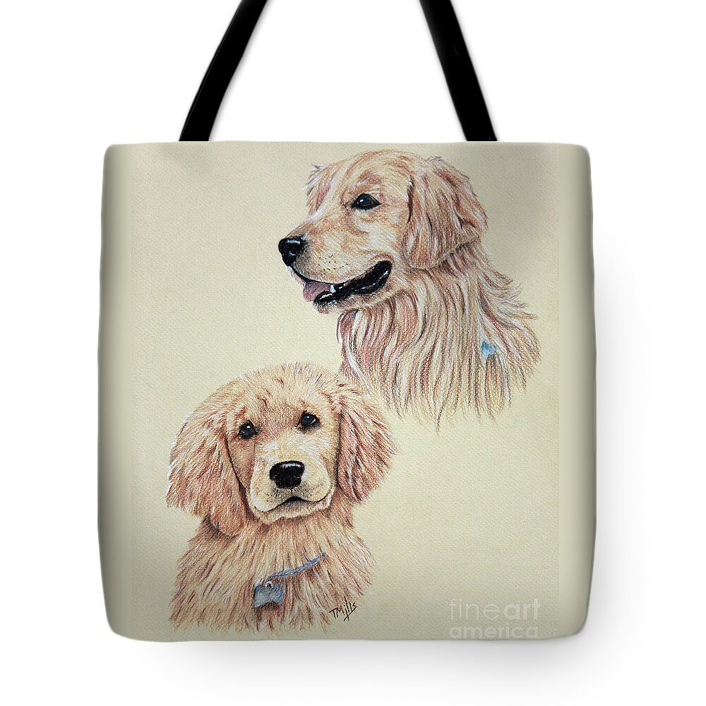 Golden Tote Bag featuring the drawing Golden Retriever by Terri Mills