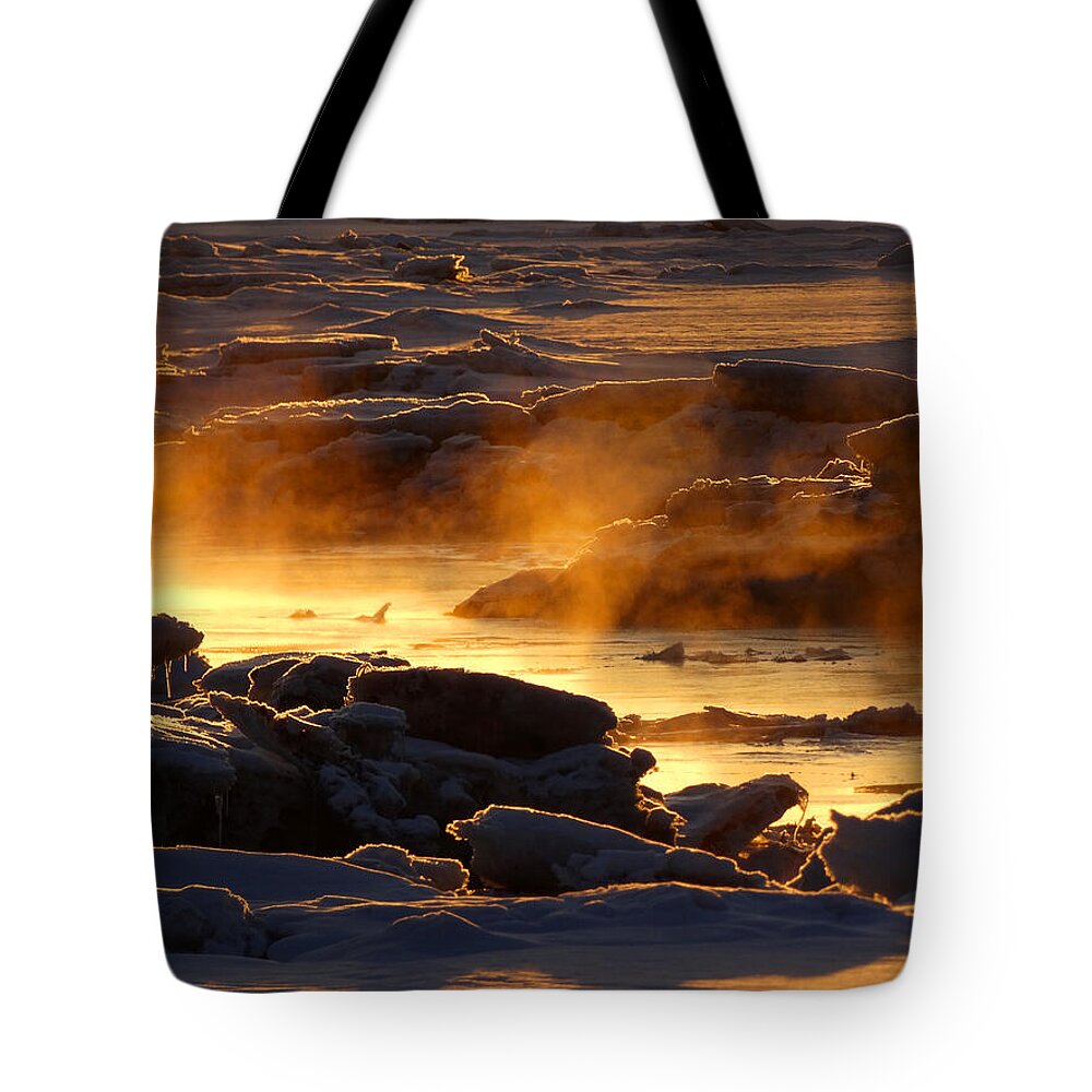 East Dennis Tote Bag featuring the photograph Golden Sea Smoke at Sunrise by Dianne Cowen Cape Cod Photography