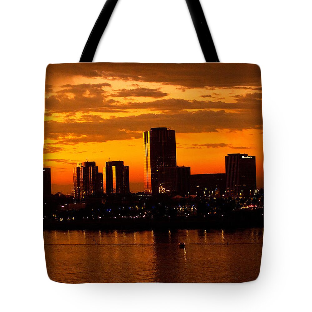 Long Beach Tote Bag featuring the photograph Golden Skys Cloak The Long Beach Skyline by Denise Dube