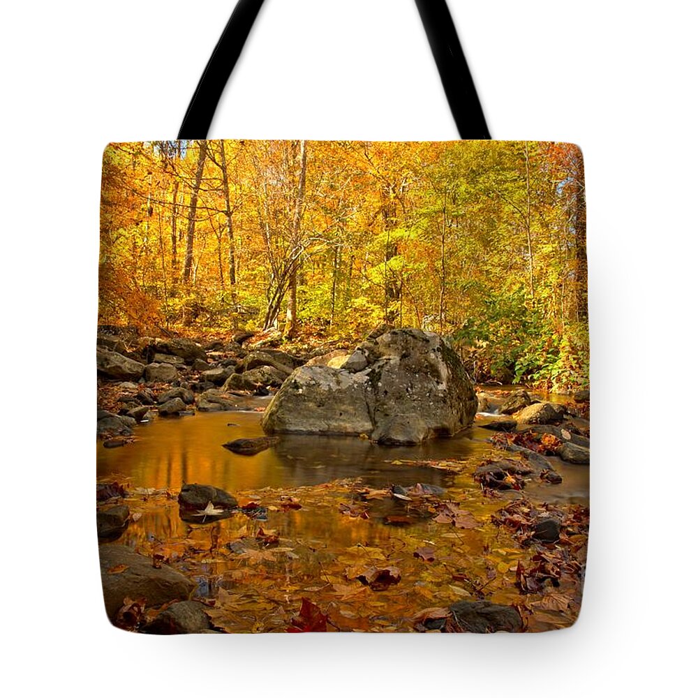 Fall Stream Tote Bag featuring the photograph Golden Streams At New River Gorge by Adam Jewell