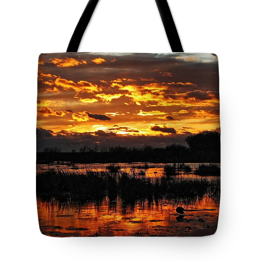 Sunset Tote Bag featuring the photograph Golden Sunset Over The Pond by Dale Kauzlaric