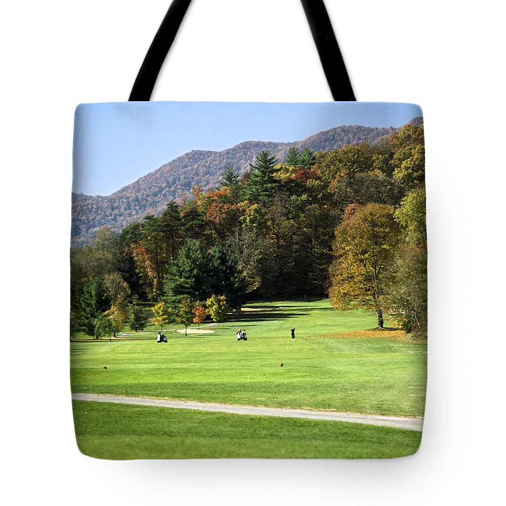 Golf Course Tote Bag featuring the photograph Golf Course in Autumn by Sally Weigand