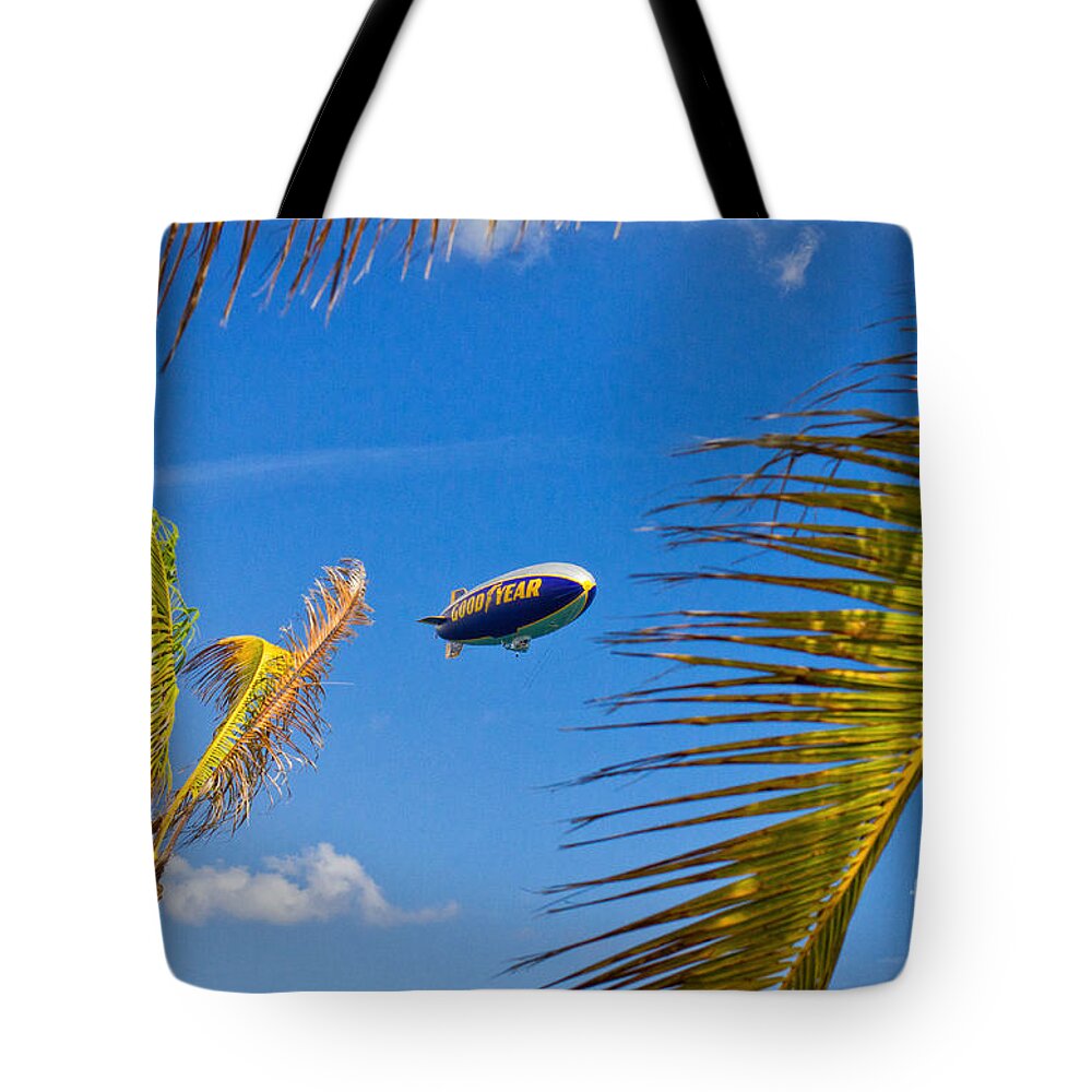Airship Tote Bag featuring the photograph Goodyear Blimp by Les Palenik