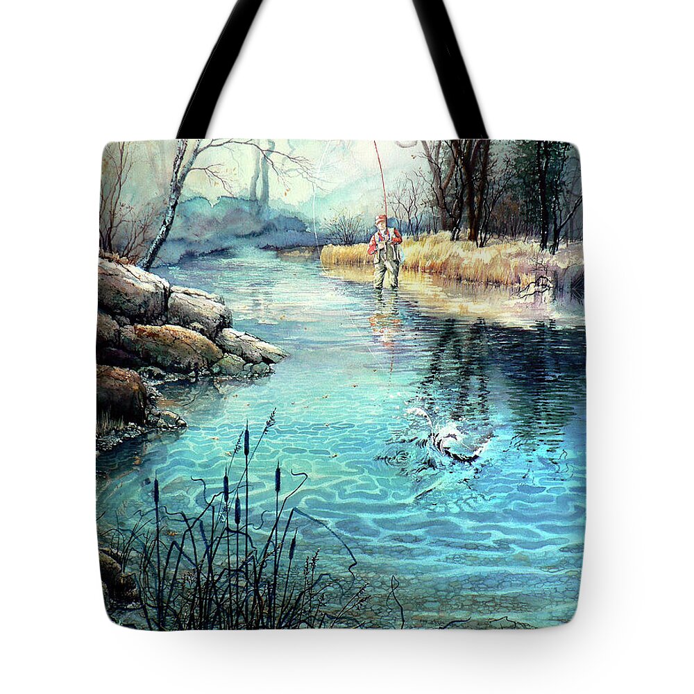 Fly Fishing Tote Bag featuring the painting Gotcha by Hanne Lore Koehler