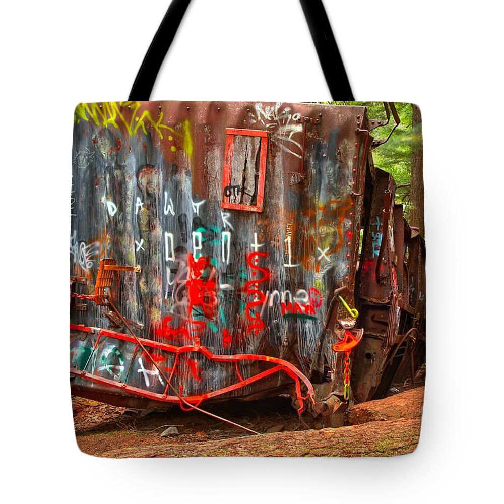 Train Wreck Tote Bag featuring the photograph Graffiti On The Wreckage by Adam Jewell