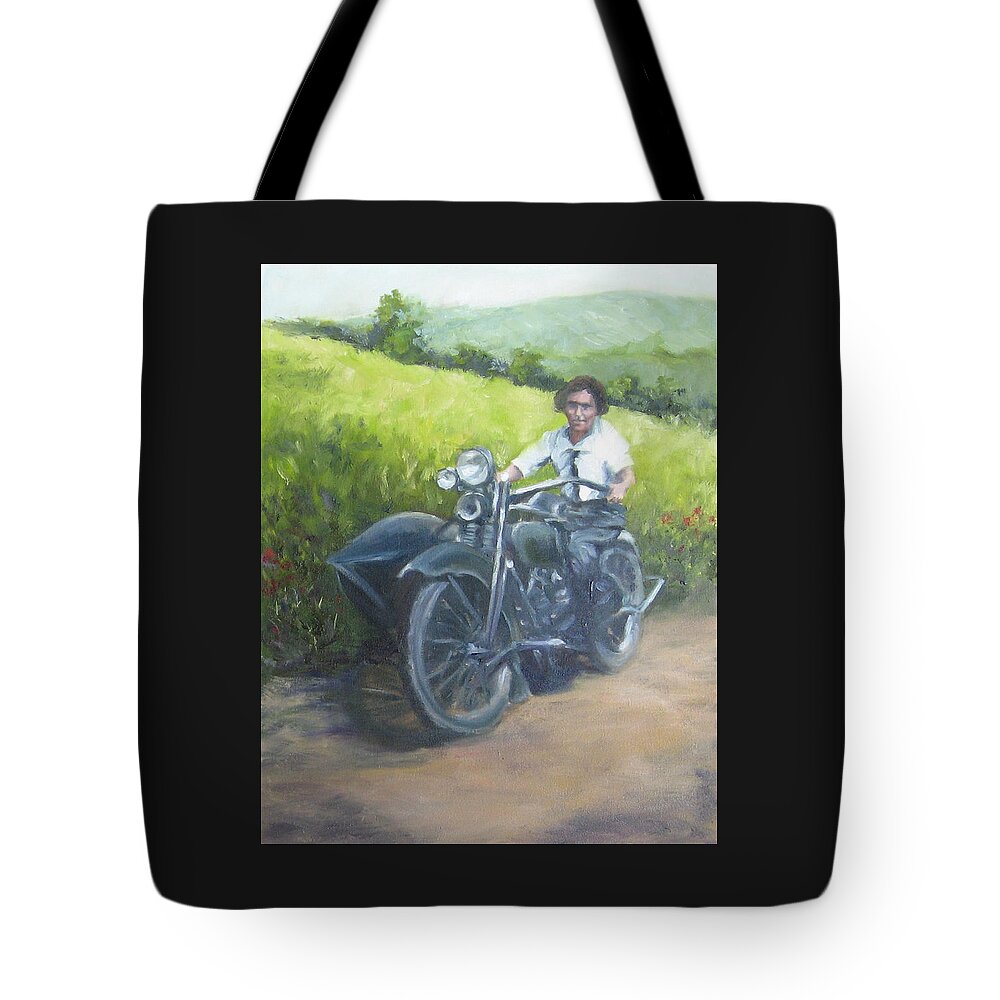 Motorcycle Tote Bag featuring the painting Gramma and the Harley by Connie Schaertl