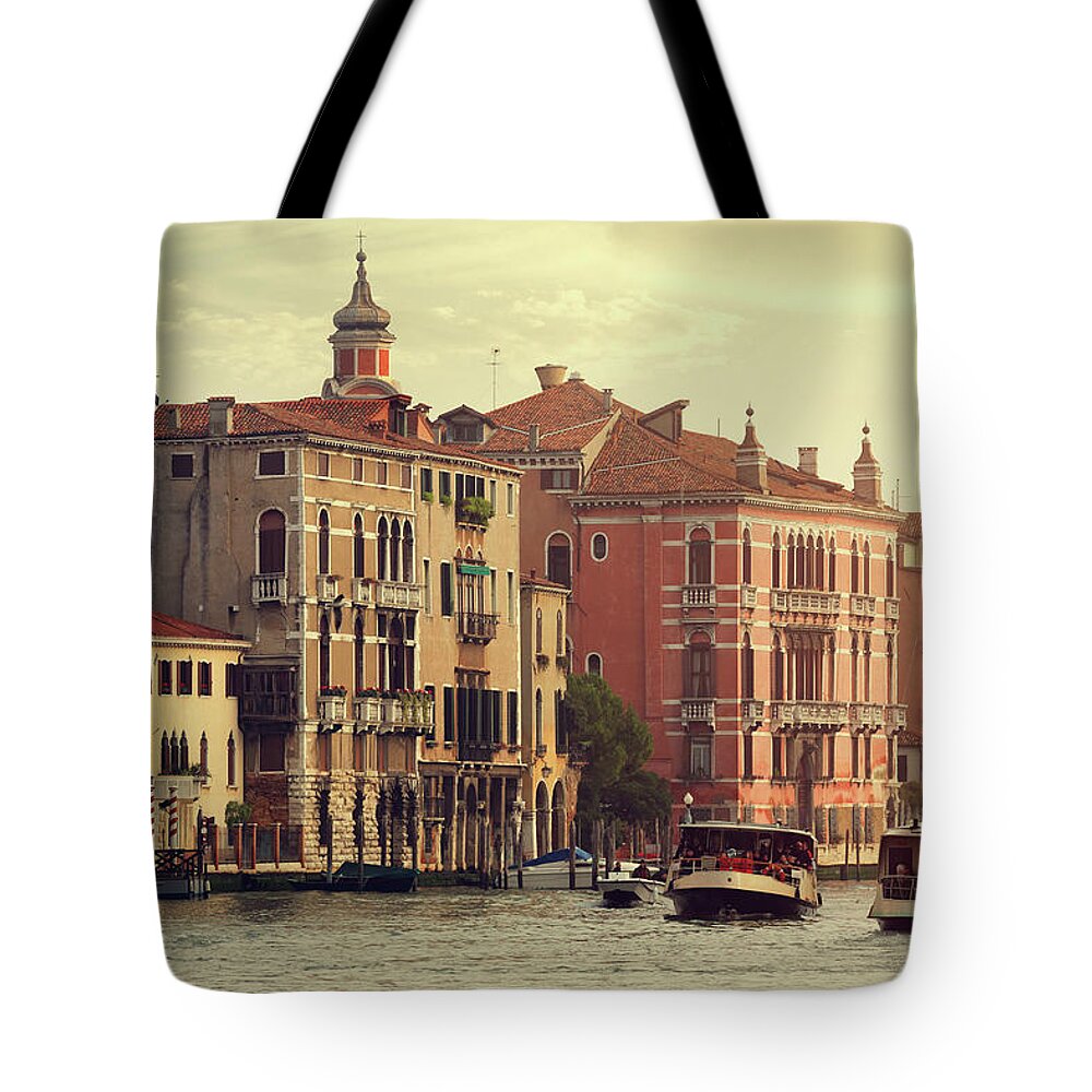 Motorboat Tote Bag featuring the photograph Grand Canal Of Venice At Sunset by Mammuth