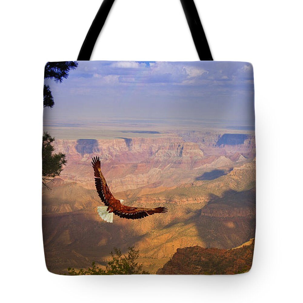 Fly Tote Bag featuring the digital art Grand Canyon Eagle by Bruce Rolff