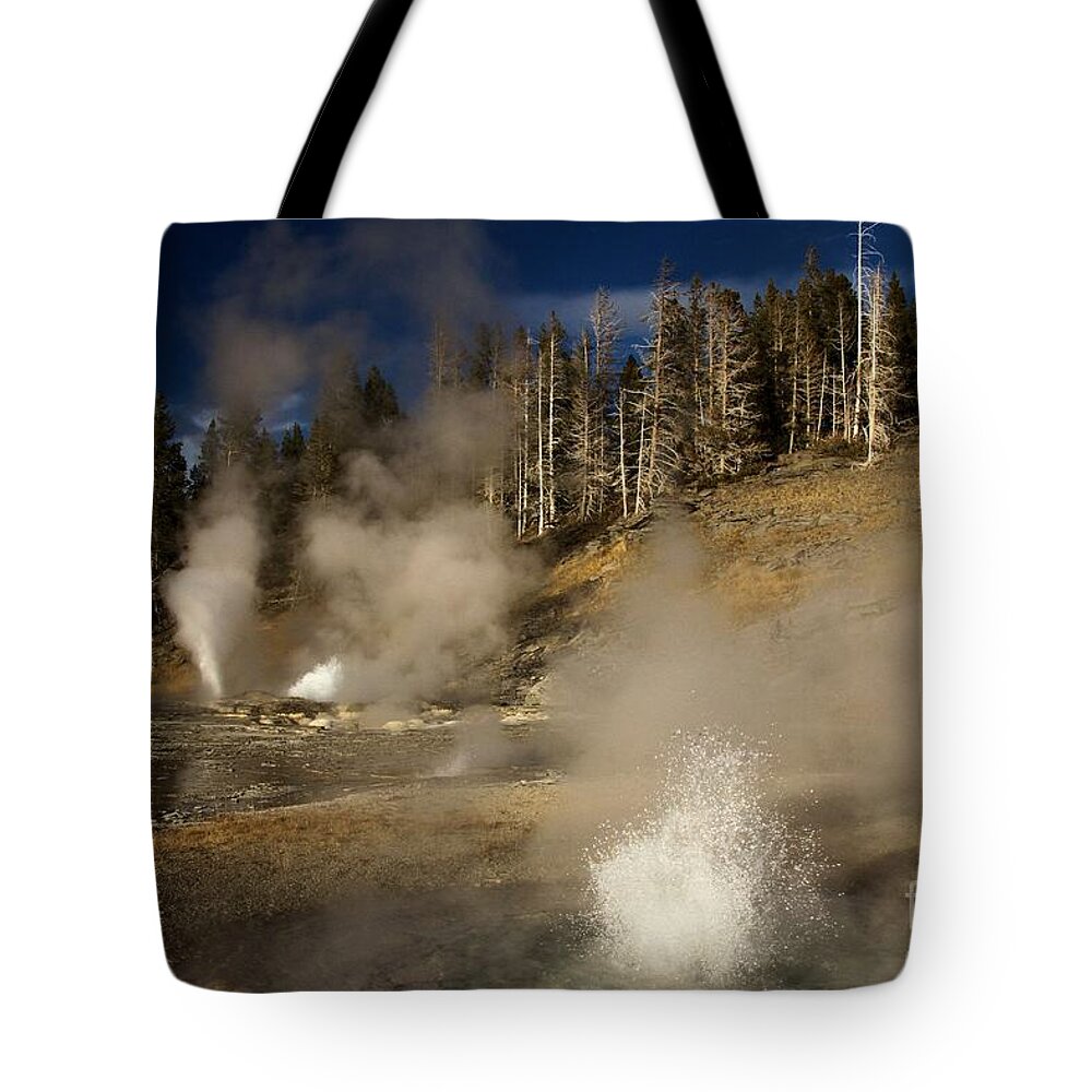 West Triplet Geyser Tote Bag featuring the photograph Grand Geyser Group by Adam Jewell