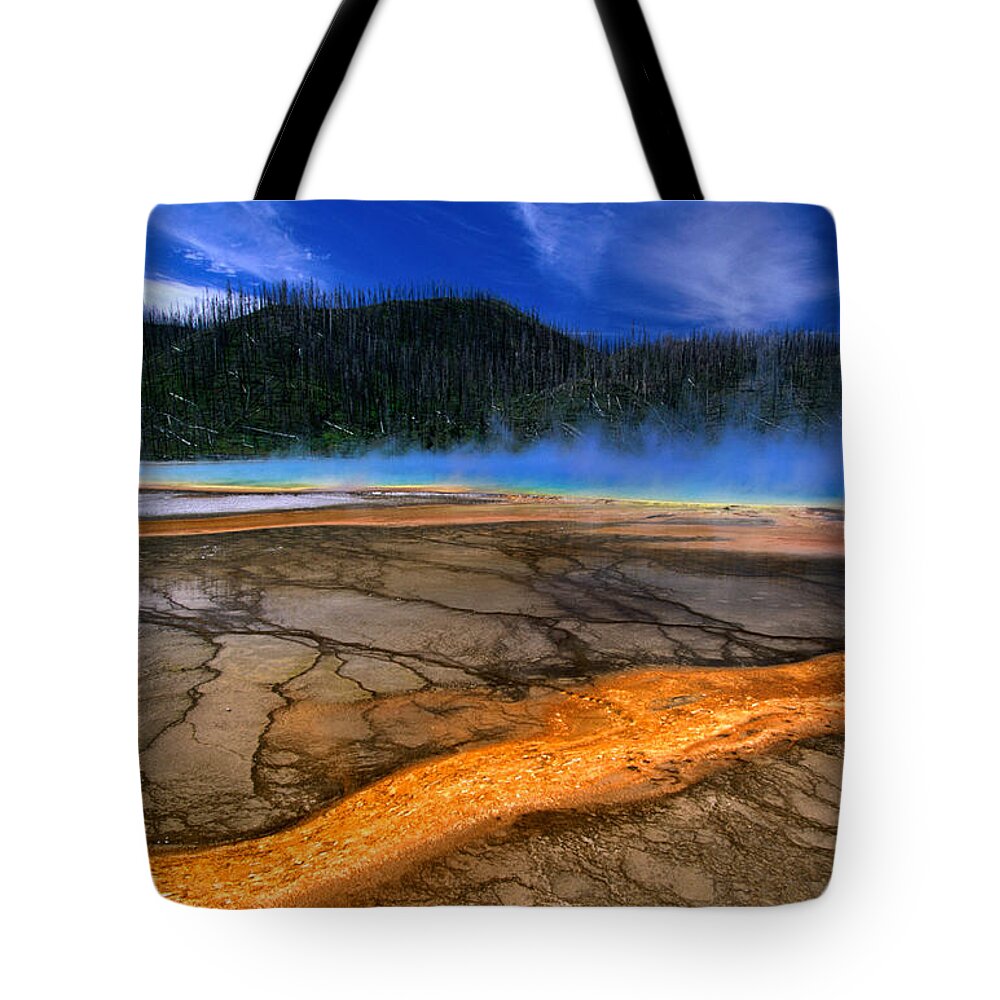 Geyser Tote Bag featuring the photograph Grand Prismatic Spring In Midway Basin by John Elk